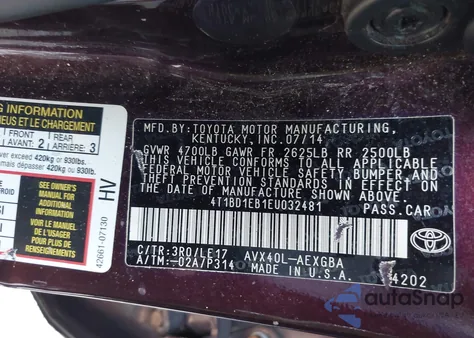 2014 Toyota Avalon Hybrid Xle Touring from USA, damaged, VIN 4T1BD1EB1EU032481